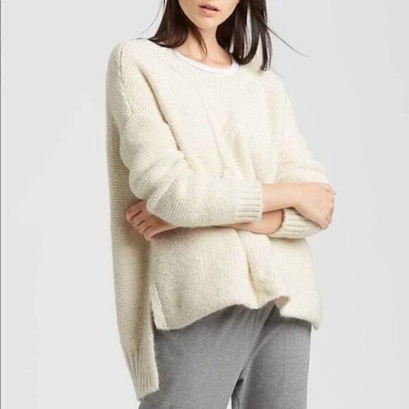 Eileen Fisher Baby Alpaca Cable Knit Boxy Hi-Low Sweater in Cream - Picture 1 of 8